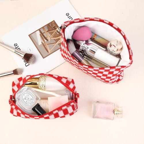 SOIDRAM 2 Pcs Checkered Makeup Bag Large Cosmetic Bag Toiletry Bag Makeup Pouch Travel Bag Organizer Cute Makeup Brushes Aesthetic Accessories Storage Bag for Women Red