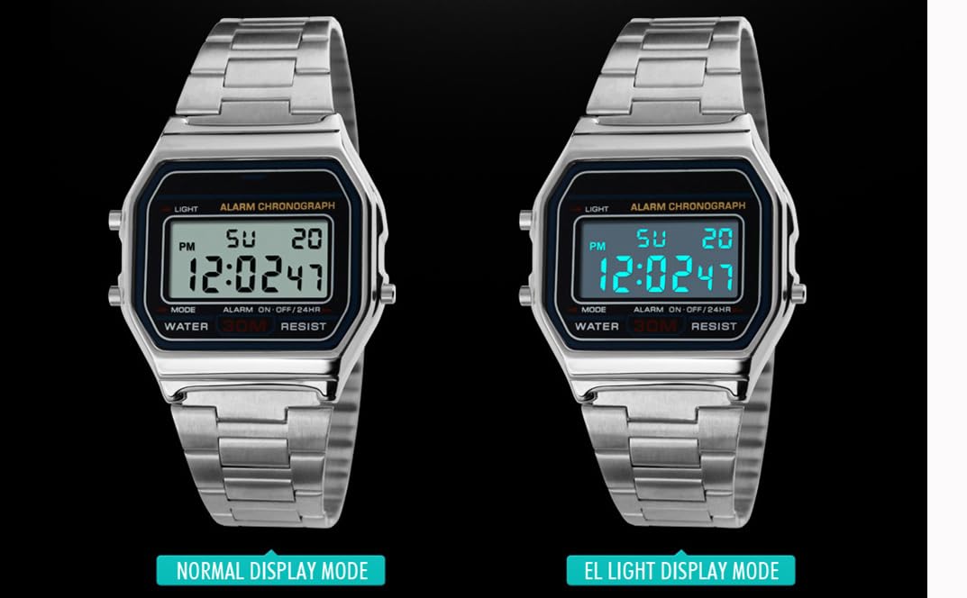 Unisex Men's Digital Watch Silver Stainless Steel LED Backlit Electronic Multifunction Date Alarm Stopwatch Square Woman Waterproof Sport Watches (Silver)