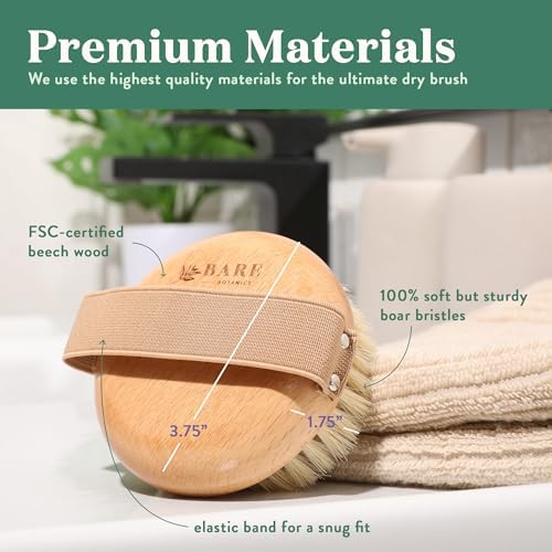 Bare Botanics Dry Body Brush for Lymphatic Drainage - Improve Circulation w/Gentle Exfoliation for Soft Skin - Ergonomically Designed w/Elastic Strap - Soft but Firm Natural Boar Bristles