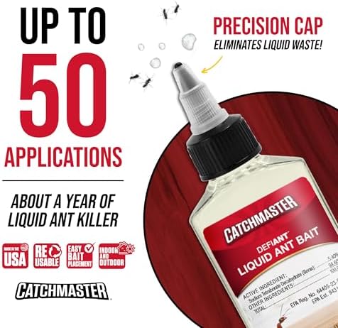Catchmaster DefiANT Liquid Ant Bait Indoor (50 uses) + 4 Reusable Liquid Ant Bait Stations (2 Stacked), Multi-Surface Pest Control Traps for Home & Outdoor, Reduce & Remove Colonies, American Made
