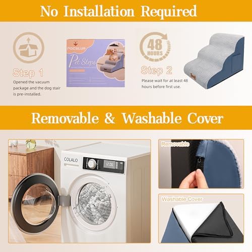 Dog Stairs for Small Dogs, Wide Pet Step with Removable Cover, No Assembly High Density Foam Cat Ramp for Bed or Sofa, 4-Step, Grey