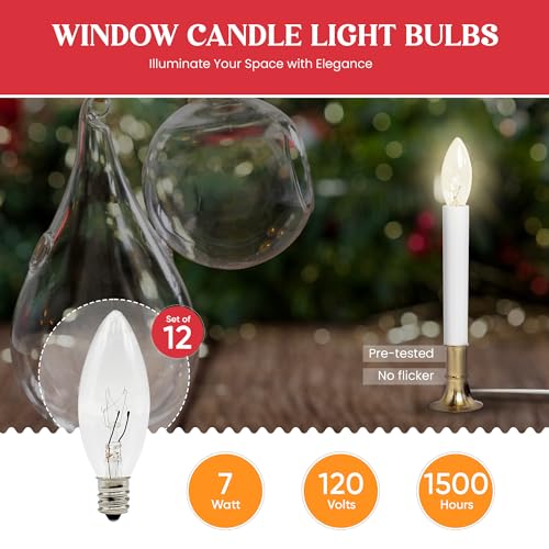 CREATIVE HOBBIES Replacement Light Bulbs for Electric Candle Lamps, Window Candles, & Chandeliers - 7 Watt Candelabra (E12), Clear, Steady Burning, 120v 7w Bulb - Pack of 12