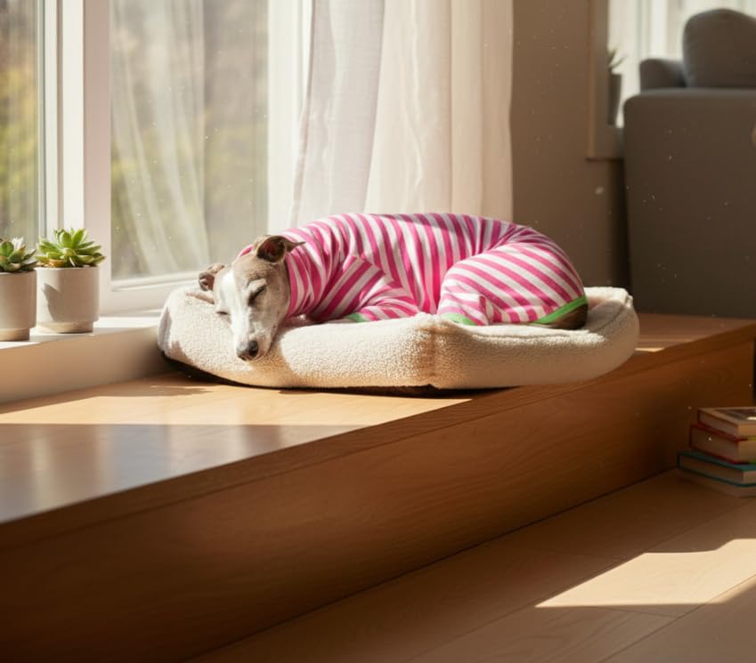 Whalemire Italian Greyhound Onesie Clothes, Cotton Striped Four-Leg Dog Jumpsuit for Whippet & Italian Greyhound, Soft Breathable Stretch Pajamas (Pink, S (6-9 lbs))
