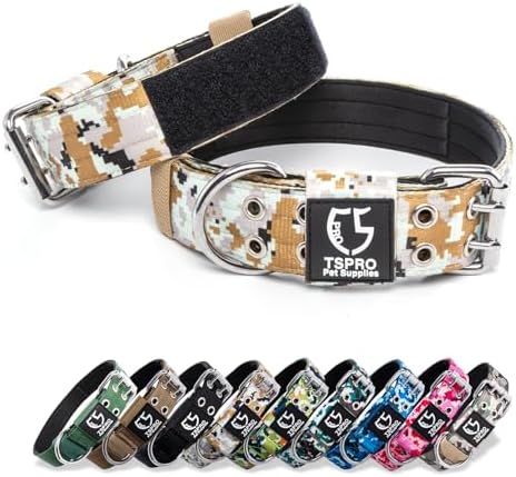 TSPRO Tactical Collar - Thick Adjustable Wide Collar for Medium to Large Dogs with Metal Buckle and Patch (Camo Khaki - M+)
