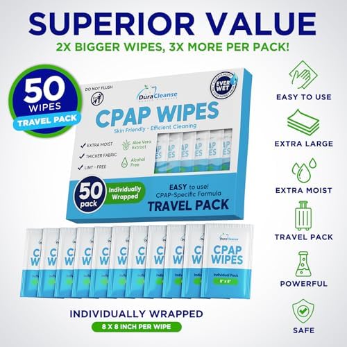 Sleep Mask Wipes - 50 Count Travel Wipes - DuraCleanse Extra Large, Extra Moist Cleaning Wipes for Full Face, Nasal Masks - Unscented Cleaner for Sleep Machine, Supplies and Accessories