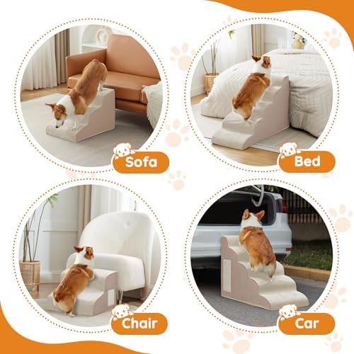 Pet Stairs for Small Dogs - 5-Step Curved Dog Ramp for Bed, Couch, Sofa, Car and Chairs - Non-Slip Bottom Design - Cat Scratching Board - High Density Foam Portable Pet Step - Beige