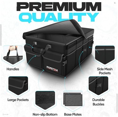 FORTEM Car Trunk Organizer, Collapsible Multi Compartment SUV Organizer, Foldable Storage for Car Accessories for Women Men, 600D Oxford, Non Slip Bottom, Securing Straps, Soft Cover (50L)