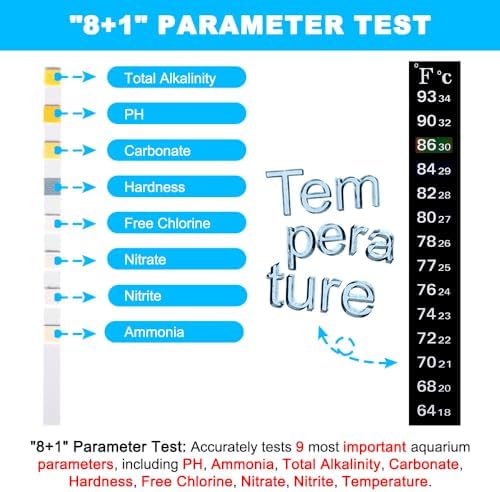 8 in 1 Aquarium Test Kit Fish Tank Test Strips Accurate Water Quality Testing Strips for Ammonia PH Total Alkalinity Carbonate Hardness Free Chlorine Nitrate Nitrite Temperature (150 Strips)
