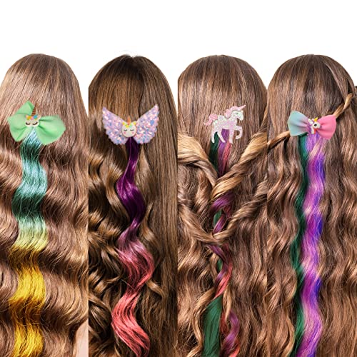 Little World Hair Clips for Girls - 6 Pcs Curly Clip in Hair Extensions with Cute Unicorn Bow - 13in Gradient Color Hair Clips for Girls Clip On for Toddler Kids Girls Ponytails Accessories
