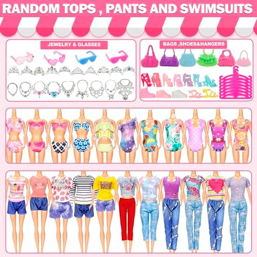 70 Pcs Doll Clothes and Accessories Kit, Including 4 Princess Gowns 8 Fashion Dresses 3 Tops 3 Pants 2 Bikini Swimsuits 20 Shoes 10 Hangers 20 Accessories for 11"-12" Dolls1