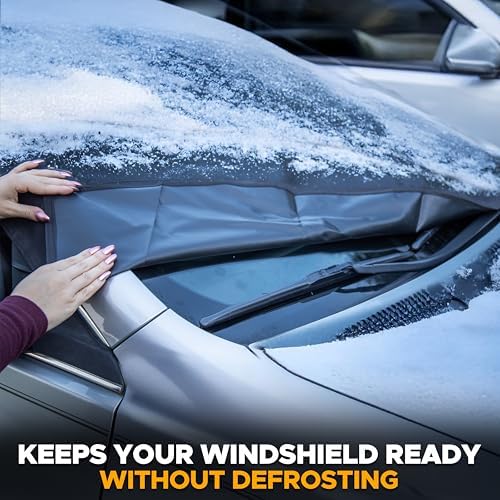 EcoNour Windshield Cover for Ice and Snow | Heavy Duty 600D Oxford Fabric | Windshield Protector for Cars, SUVs, Trucks | Secure Fit Waterproof Frost Cover | Winter Car Accessories | Medium (69"x42")