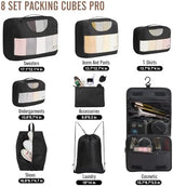 Veken 8 Set Packing Cubes for Travel, Suitcase Essentials Organizer Bags Set for Luggage, Road Trip Travel Accessories in 4 Sizes (Extra Large, Large, Medium, Small), Black