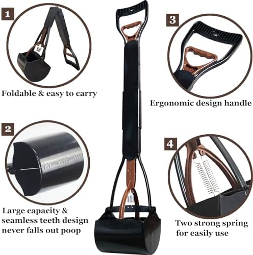 2 Pieces Pooper Scooper, Large Pooper Scooper for Dogs Heavy Duty, Dog Pooper Scooper with Long Handle & High Strength Durable Spring, Foldable Dog Poop Pick Up(28-inch)
