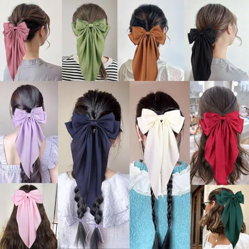 MRJ 6 Pcs Silky Satin Hair Bows Big Hair Ribbons for Women Large Hair Clips for Girls Hair Accessories Barrettes Metal Clips Bowknot Aesthetic
