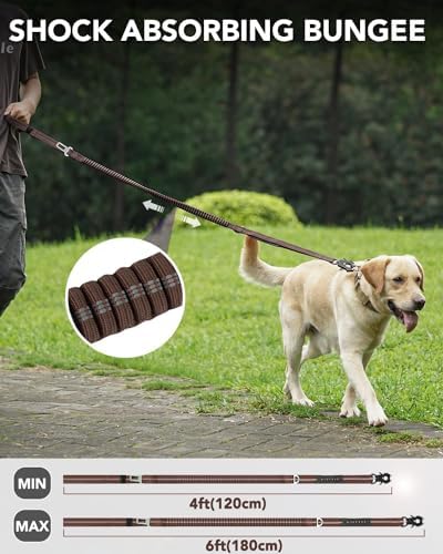 Joytale Tactical Dog Leash Heavy Duty, 4-6FT Shock Absorbing Bungee Lead with 2 Padded Handle, Metal Carabiner Clip, Car Seatbelt, Strong No Pull Leash for Medium Large X-Large Dogs, Brown