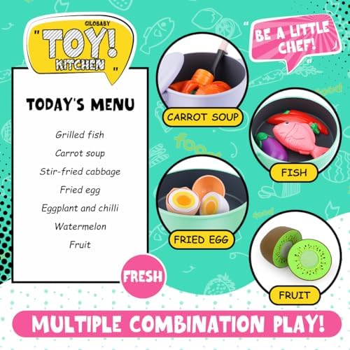 GILOBABY Play Kitchen Accessories, Play Food Sets for Kids Kitchen Playset with Pots and Pans Set, Cooking Utensils, Preschool Learning Education Toys for Toddlers, Birthday Gifts for Girls (Pink)