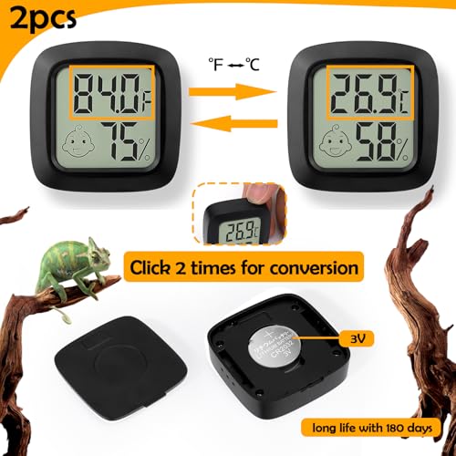 2 PCS Reptile Thermometer and Humidity Gauge for Bearded Dragon with On-Off, Reptile Tank Accessories for Jumping Spider, Leopard Gecko, Hermit Crab, Gecko, Ball Python, Lizard