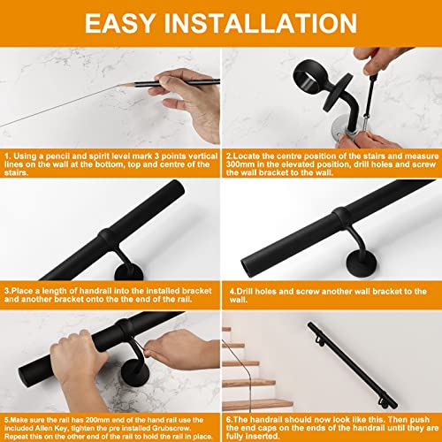 ROTHLEY Pipe Handrails for Indoor Stairs: 3.3FT Stair Railing Steel Hand Railings for Stairs Indoor Wall Mount Stair Handrail Complete Kit 1.6" Round Metal Stair Railing for Elderly & Kids