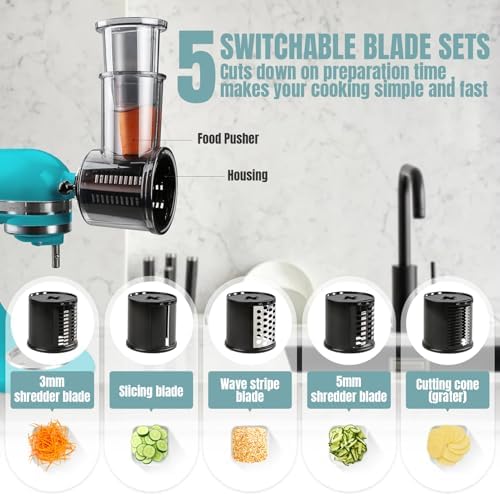 Stainless Steel Slicer Shredder Attachments for KitchenAid Stand Mixers, Vegetable Shredder, Cheese Grater, Salad Maker, Food Slicers Chopper Grinding Powder Accessories with Detachable 5 Blades