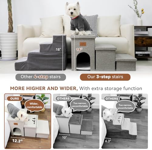 Dog Stairs with Condo 18" H, 3-Step Wider Dog Steps for High Beds Couch, Folding Storage Pet Stairs Gift for Small/Medium/Large Old Dogs Cats, Ramp for Climbing Car Up to 200 lbs, Beige Gray
