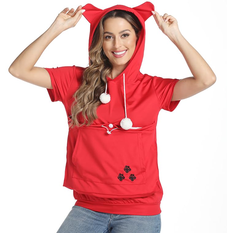 Women Big Pouch Shirt Pet Holder Pocket Top Short Sleeve Solid Color T-Shirt Red