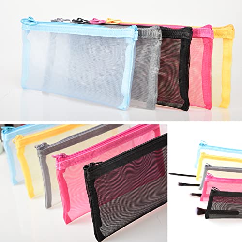 patu Zipper Mesh Bags, Pencil Case, 5 Pieces, Beauty Makeup Cosmetic Accessories Organizer, Travel Toiletry Kit Set Storage Pouch, Assorted Colors