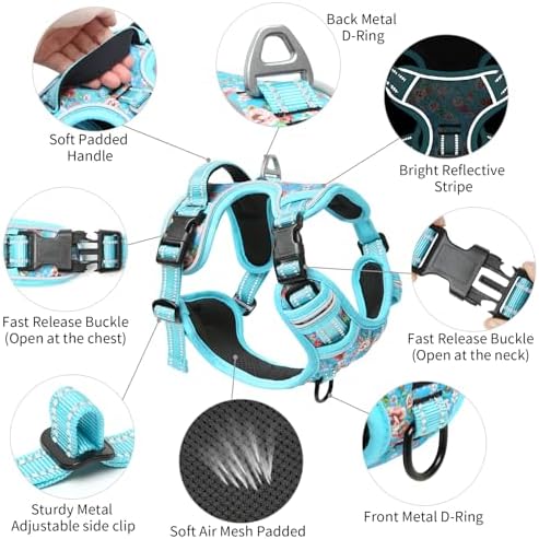 Timos No Pull Dog Harness,NO Need Go Over Dogs Head 3 Snap Buckles Reflective Oxford No Choke Puppy Harness with Front & Back 2 Metal Leash Clips Soft Padded Vest Harnesses for Small Medium Large Dogs