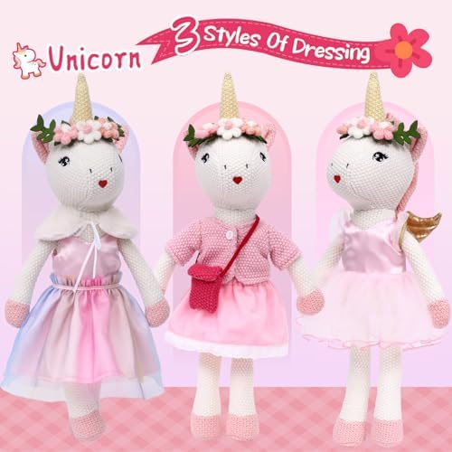 Unicorn Doll Stuffed Animal Toys for Girls - Ballerina Doll | Plush Carrier Bag | 3 Set Cloth Accessories, Kids Pretend Play Doll Pet Care, Birthday Gift for 3 4 5 6 Year Old Little Girl Unicorn Toys