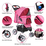 Foldable Pet Stroller for Cats and Dogs 3 Wheels Carrier Strolling Cart with Weather Cover, Storage Basket + Cup Holder (Pink)