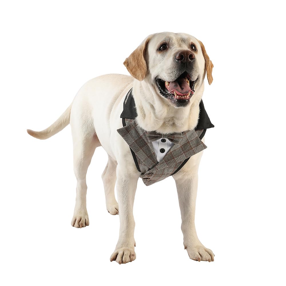 HDKUW Dog Tuxedo Harness, Adjustable Pet Harness No Pull for Small Medium Dogs, Doggie Wedding Suit with Bow Tie Party Costume Gray Grid S