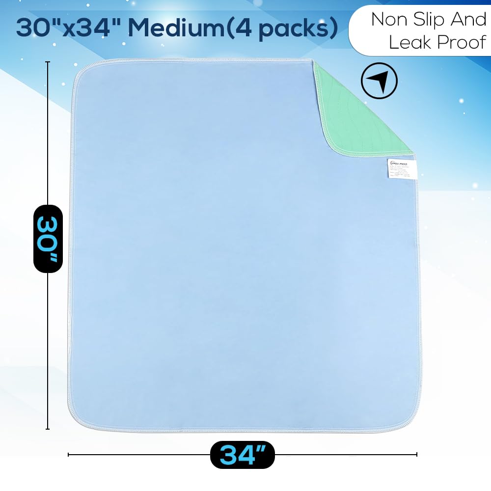 SIMPLI-MAGIC Washable Underpads, 30"x34" (Pack of 4) - Heavy Absorbency Reusable Bedwetting Incontinence Pads for Kids,Adults,Elderly,andPets - Waterproof Protective Pad for Bed,Couch,Sofa,Floor