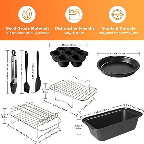 Dual Basket Air Fryer Accessories, Set of 10 Fit for Ninja Dual Air Fryer DZ201, DZ401 & Most 8 Quart - 10 Quart and Larger Dual Zone Air Fryer, Include Cake Pizza Pan, Rack & Skewer, Paper Liner, etc