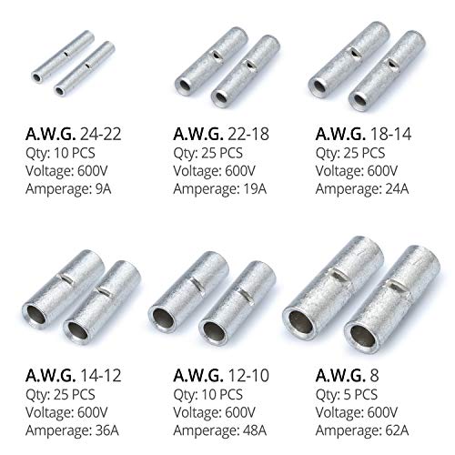 Wirefy 100 PCS Non Insulated Butt Connectors Kit - Butt Splice Connectors - Uninsulated Crimp Wire Connectors - 24-8 AWG