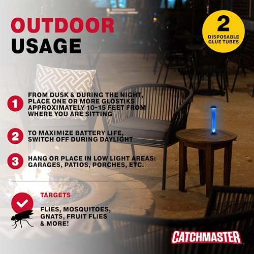Catchmaster Glostik Flying Insect Trap 1-Pk, LED Light Glow in The Dark Sticky Fly Traps for Indoors & Outdoors, Mosquito & Bug Catcher Night Trap, Pet Safe Insect Killer, Home & Camping Pest Control