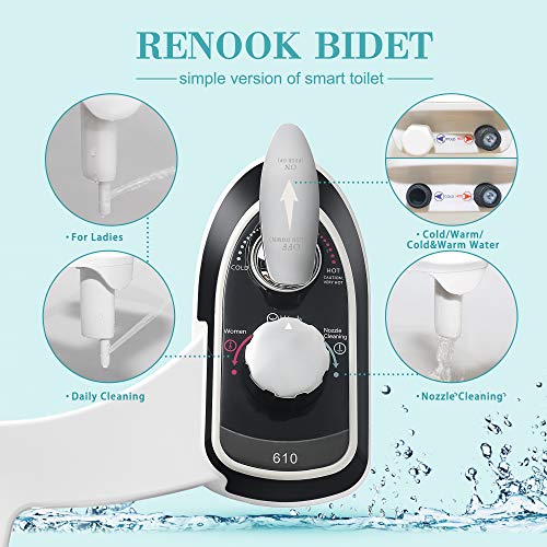 RENOOK Fresh Water Bidet Attachment for Toilet - Self Cleaning Dual Nozzle Sprays Hot & Cold Water – Non Electric Bidet Toilet Seat Attachment - Toilet Washer Bidet Seat for Female & Male Hygiene.