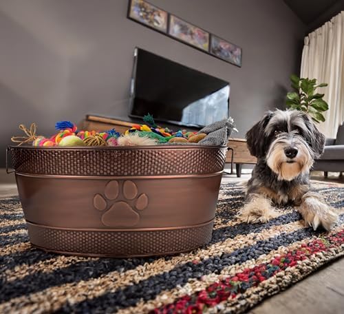 BREKX Indestructible Metal Dog Toy Bin - Copper Galvanized Storage Bin with Handles, Dog Toy Box for Dog Chew Toys, Blankets, & Leashes, Paw Pet Toy Box (25-Quart)