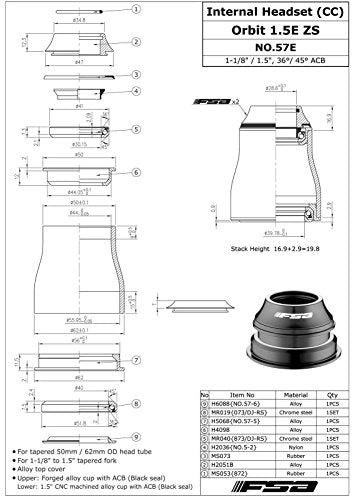 FSA No.57E Orbit Tapered Headset Sealed Bearing 1.5E ZS 1-1/8Inches to 1.5Inches OD 50/62mm, XTE1533-N
