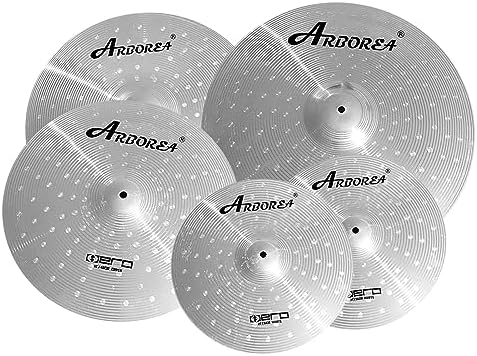 Arborea Cymbal Pack 14"Hihats 16"Crash 18"Crash 20"Ride 5 Pieces Cymbals for Drum Set Silver Drum Practice Cymbal for Beginner