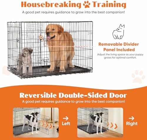 Sweetcrispy Dog Crate with Divider Panel, 42 Inch Double Door Folding Metal Wire Dog Cage with Plastic Leak-Proof Pan Tray, Large XL Pet Kennel for Indoor, Outdoor, Travel