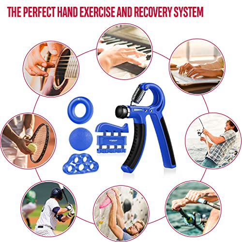 Hand Grip Strengthener Workout Kit (5 Pack) FitBeast Forearm Grip Adjustable Resistance Hand Gripper, Finger Exerciser, Finger Stretcher, Grip Ring & Stress Relief Grip Ball for Athletes (Navy Blue)