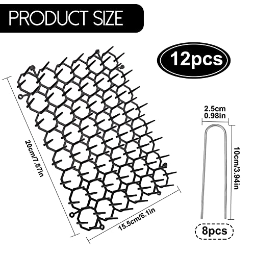 TSLBW 6.2 * 8 Inch 12 Pcs Cat Scat Mat with SpikesCat Repellent Mat with Spikes Pet Deterrent Net Anti Cat Mat Gardening Plastic Cat Scat Mat with 8 U-Shaped Pegs Wild Animal Garden Plants