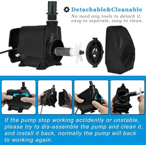 PULACO 800GPH（3000L/H） Submersible Water Pump with 6.5 ft Tubing, 45W durable fountain water pump 4 Nozzles for Pond Fountain, Aquariums Fish Tank, Statuary, Hydroponics