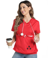 Women Big Pouch Shirt Pet Holder Pocket Top Short Sleeve Solid Color T-Shirt Red