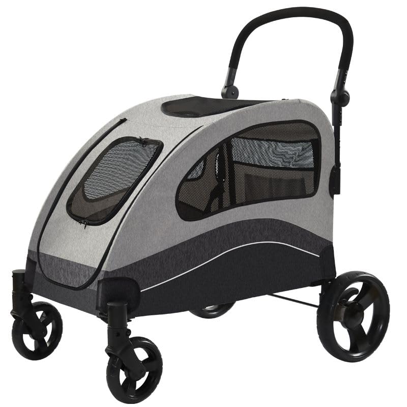 Garvee Extra Large Dog Stroller with Steel Pipe Frame, Wheels, Brakes, Shock Absorption, Foldable Design - Black