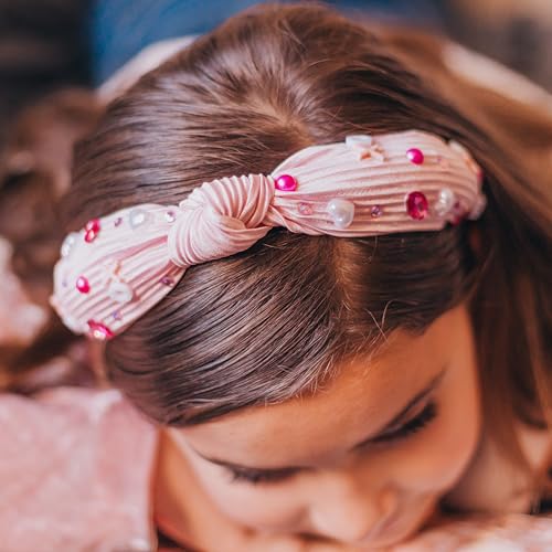 FROG SAC Top Knot Headband for Girls - Knotted Valentines Day Head Bands for Kids, Jeweled Rhinestone Vday Hair Band for Children, Pink Embellished Hair Accessories for Toddlers, Little Girl Hairband