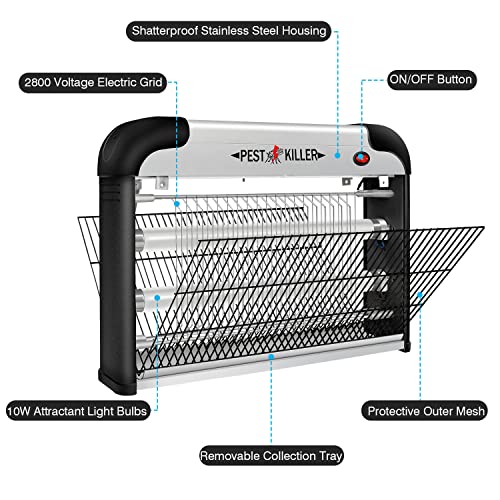 Indoor Electric Bug Zapper, 2800V Powerful Flying Insect Mosquito Killer w/ 20W Blue Light Attract, Plug-in Pest Control Machine for Moth, Fruit Fly, Fungus Gnat, Garage Bug Catcher/Eliminator/Trap