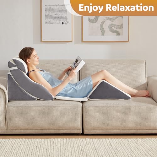 A2ZCOMFY 5PCS Adjustable Wedge Pillow for Sleeping, Post Surgery, Dual Layer Memory Foam for Back, Neck, Knee Pain Relief, Orthopedic Wedge Pillow Set, Anti Snoring Acid Reflux GERD