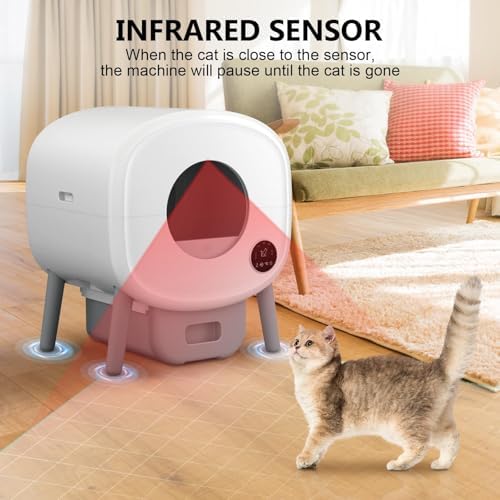 Cumrige Self Cleaning Litter Box, 95 L Automatic Cat Litter Box Self Cleaning for Multiple Cats, with Safety Protection, App Control,2 Roll Garbage Bags,White