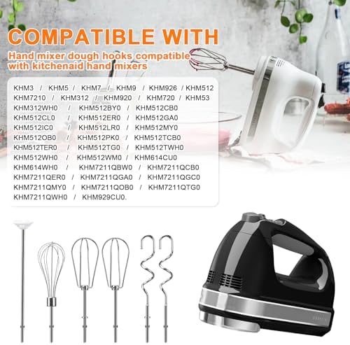 Hand Mixer Beaters Attachments for Kitchenaid Whisk, Beater, Dough Hook, Blending Rod, Stainless Steel Hand Mixers Blender Accessories for Kitchenaid KHM3 KHM5 KHM7 KHM9 KHM926 KHM512-6PCS