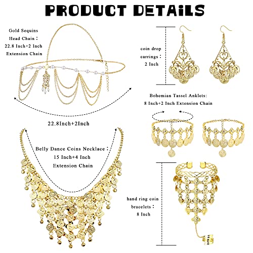Besteel 6 Pcs Belly Dance Jewelry Set for Women Gold Sequins Head Chains Vintage Coins Veil Necklace Boho Earrings Bracelets Anklet Indian Style Body Dance Play Accessories Halloween Carnival Cosplay